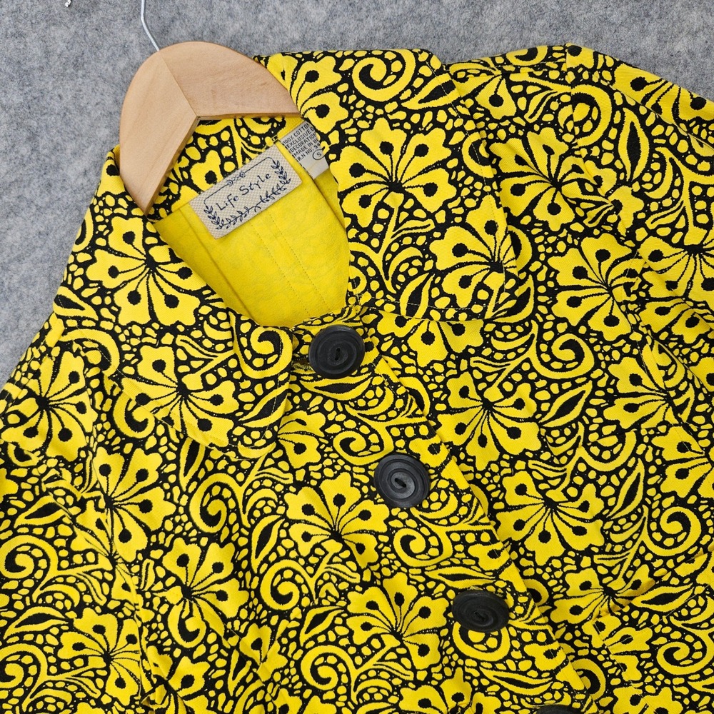 Life Style Women's Yellow Floral Denim Jacket Size S Cotton Button Front Cropped